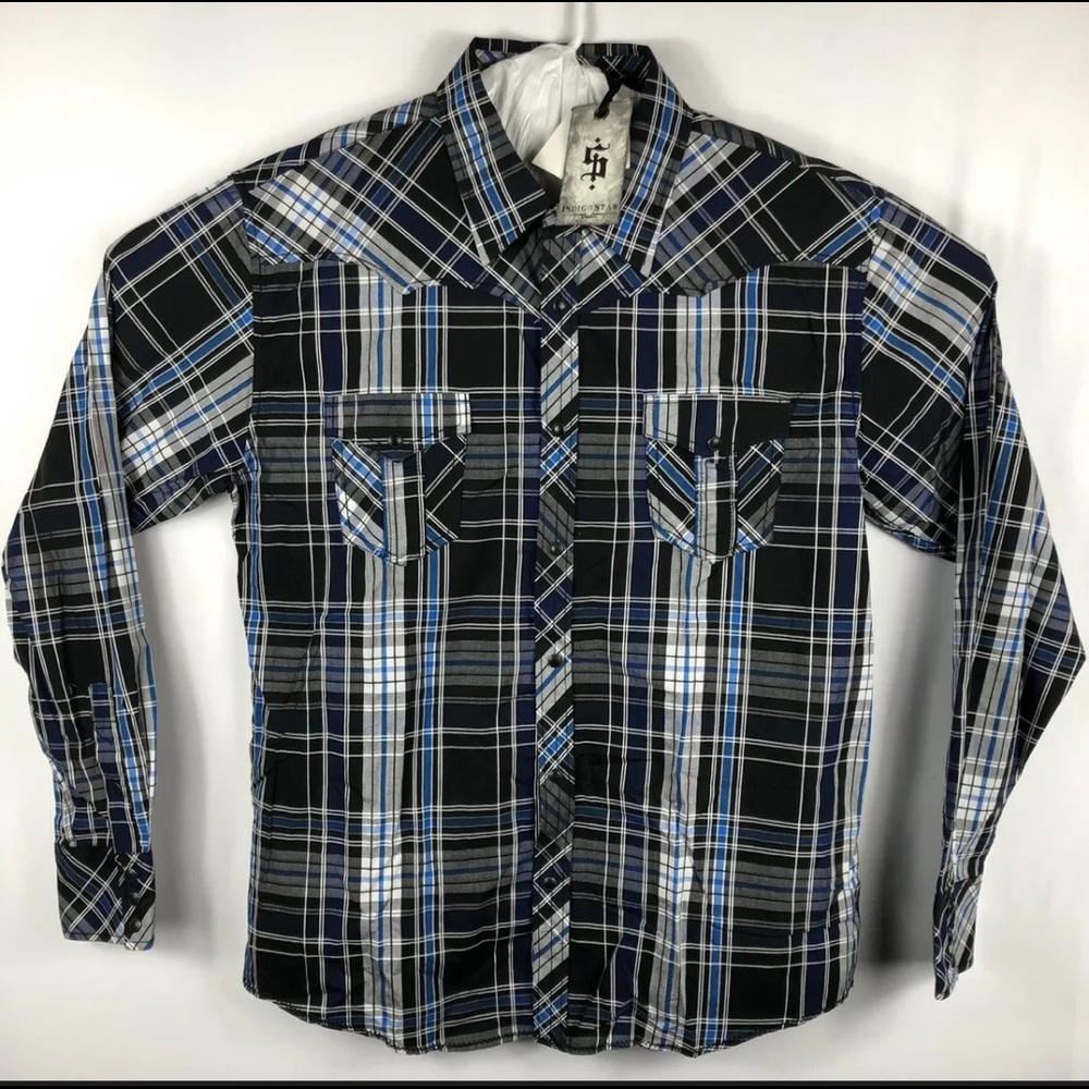 Cavenders Indigo Star Plaid Mens Pearl Snaps XL